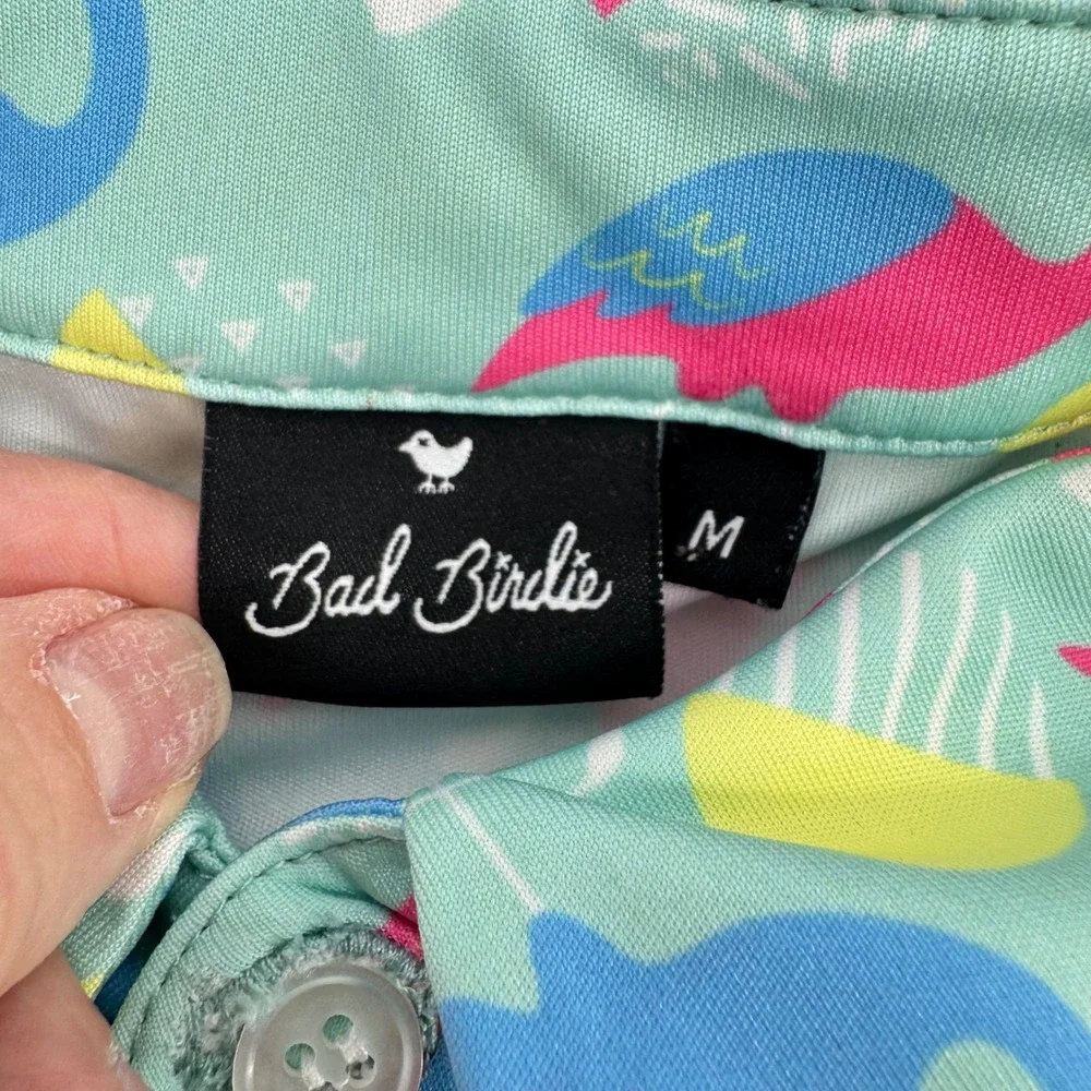 Bad Birdie Golf Polo Mens M Teal Flamingo Print Short Sleeve Performance Shirt